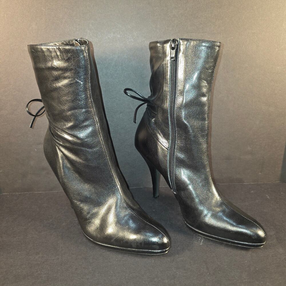 Gianna Bini Black Leather Ankle Boots Stiletto Heels Rear Lace-up Detail Sz 8.5M